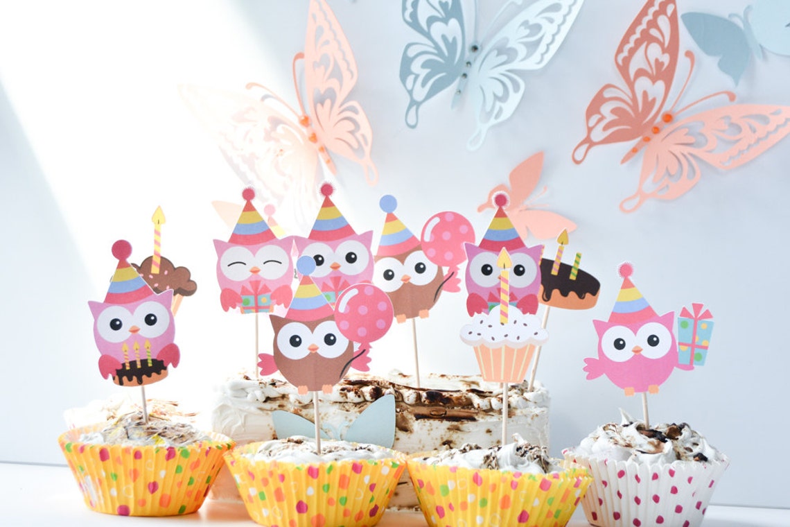12 Owl Birthday Party Supplies Owl Cake Decoration Owl Cake Etsy