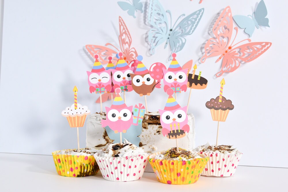 12 Owl Birthday Party Supplies Owl Cake Decoration Owl Cake Etsy