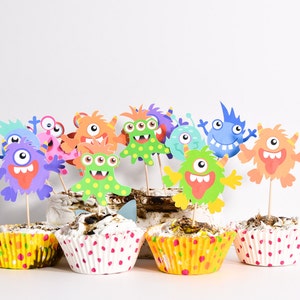 Monster Cupcake Toppers: Colorful Monster Party Decorations (Set of 16)
