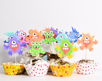 Monster Cupcake Toppers: Colorful Monster Party Decorations (Set of 16)