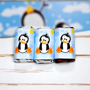 Winter Penguin Candy Wrappers, Holiday Treat Labels, Christmas Party Favors (54 Stickers)