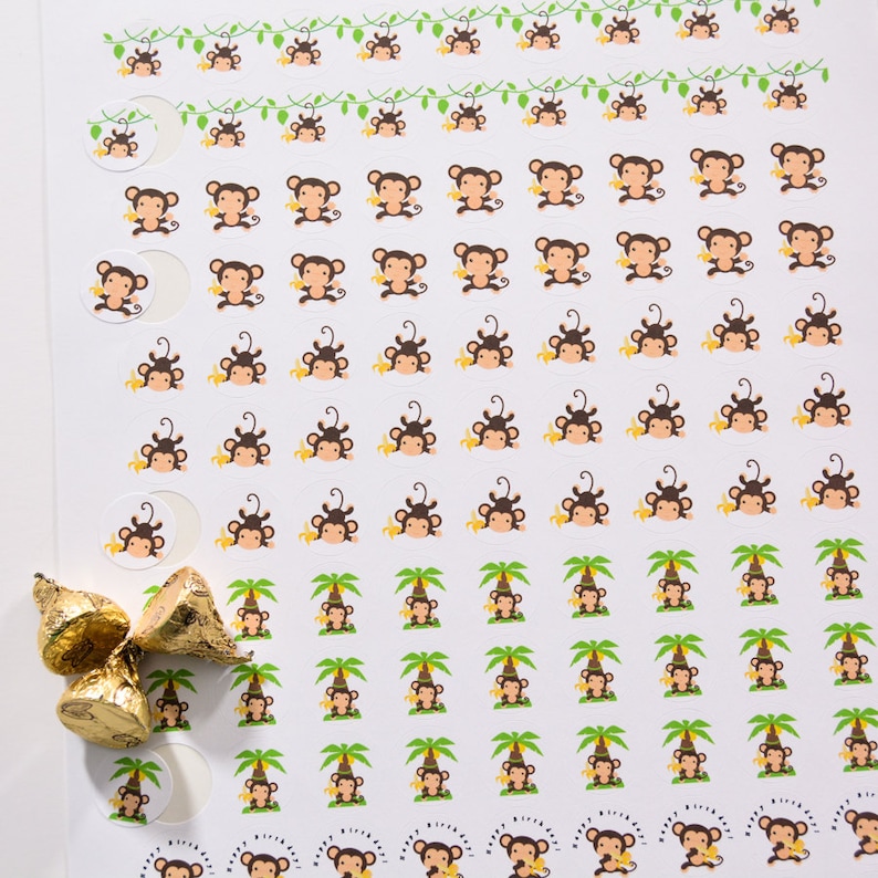 Monkey Safari Party 324 Monkey Candy Stickers Candy Stickers for Hershey\u00ae Kisses Safari Decorations Jungle Monkey Stickers