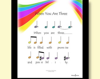 When You Are Three: 10 x 8 inch printable wall art of lyrics and music from the birthday song overlaid on a rainbow; sheet music