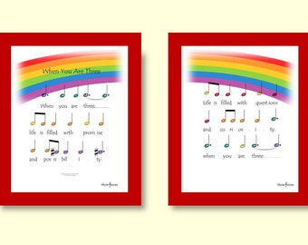 When You Are Three – Two Stanzas: two 10 x 8 inch printable wall art of lyrics and music overlaid on a rainbow; birthday song