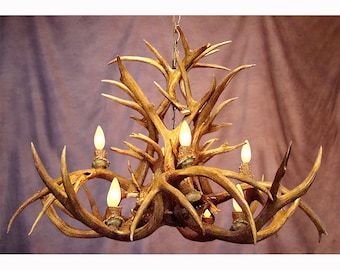 Può includere: Un lampadario rustico in corna di cervo con sei lampadine. Il lampadario è appeso a una catena e ha un colore marrone naturale.