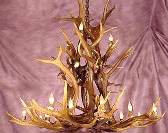 Può includere: Un lampadario di corna di cervo di grandi dimensioni con più rami e lampadine. Il lampadario è realizzato con corna di cervo naturali e ha un aspetto rustico e naturale.