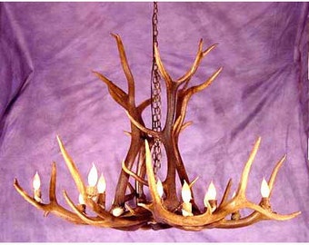May include: A rustic antler chandelier with multiple candle-style lights. The chandelier is made of natural-colored antlers and hangs from a chain. The lights are white and provide a warm glow. The background is a solid purple color.