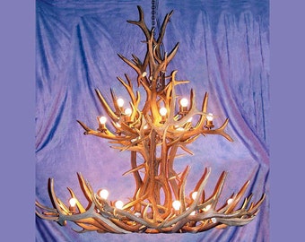 EKJ Real Antler Elk King Jewel Chandelier Light, Rustic, Deer