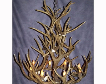 May include: A chandelier made from antlers with eight light bulbs. The antlers are arranged in a circular pattern with the light bulbs in the center.