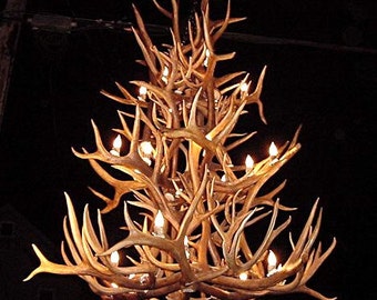 Può includere: Un grande lampadario fatto di corna di cervo con più lampadine. Il lampadario è fatto di materiali naturali e ha un aspetto rustico.