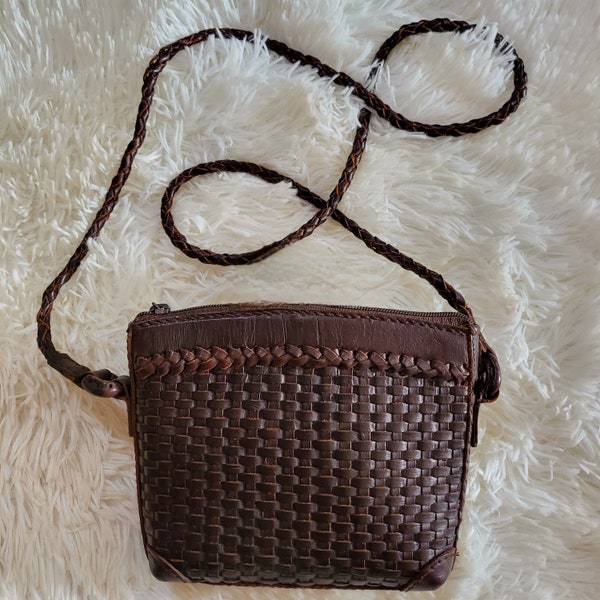 Vintage cognac or brown woven leather crossbody bag