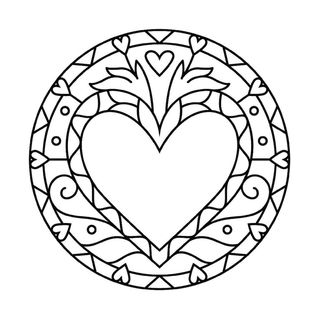 Heart Mandala Coloring Pages - Etsy