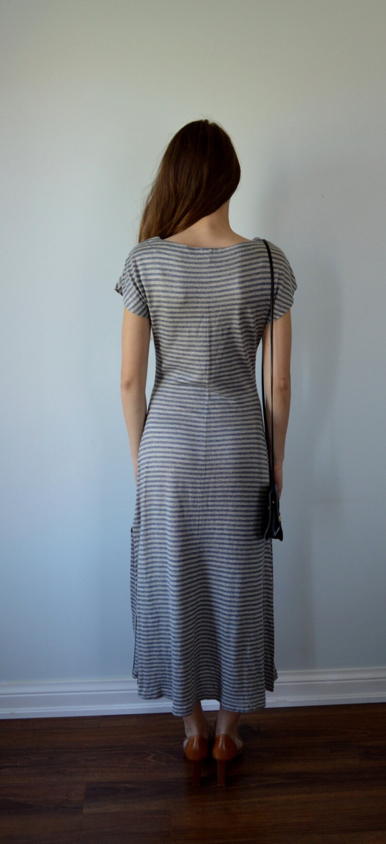 Summer Dress Denim Blue and Grey Horizontal Stiped Knit Dress The Limited Casual Dress Street Wear 1990s Dress Maxi Dress
