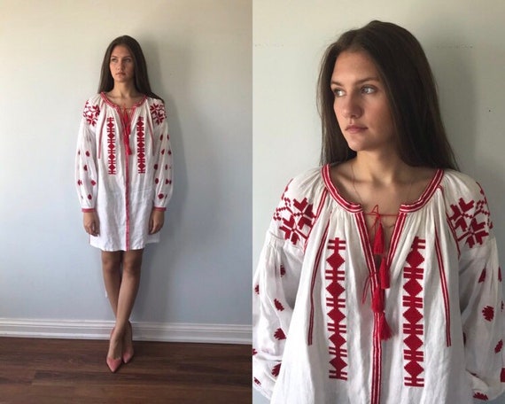 White Linen Short Dress, White Linen Red Cross Sti