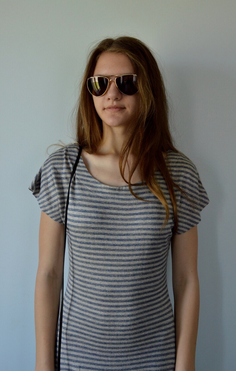 Summer Dress Denim Blue and Grey Horizontal Stiped Knit Dress The Limited Casual Dress Street Wear 1990s Dress Maxi Dress