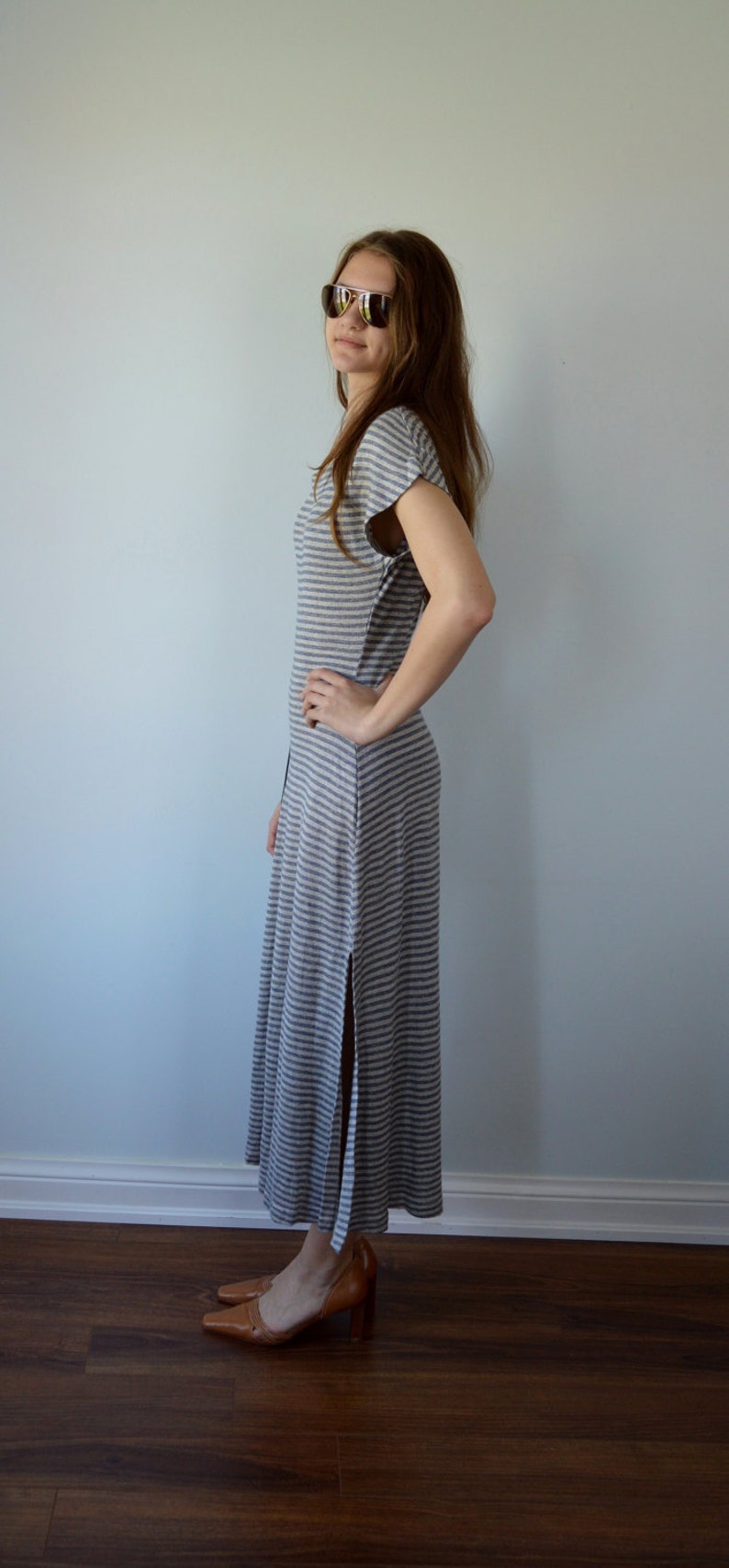 Summer Dress Denim Blue and Grey Horizontal Stiped Knit Dress The Limited Casual Dress Street Wear 1990s Dress Maxi Dress