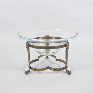 Vintage Glass Bowl in Brass Stand | Art Deco Brass Tripod Glass Basin Holder