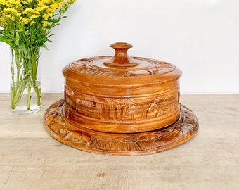 Vintage Carved Wooden Serving Tray with Lid – Wood Platter, Round Platter