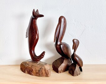 Vintage Ironwood Seahorse and Pelicans – Beach Decor, Bird Sculpture, Wooden Sea Creatures