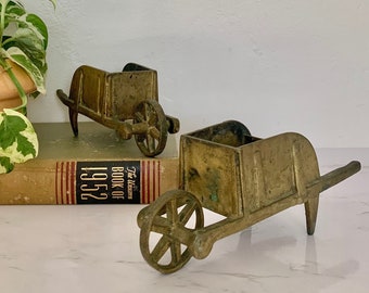 Vintage Brass Wheel Barrows (2 Available) – Farmhouse Decor, Gold Wheelbarrow, Brass Planter