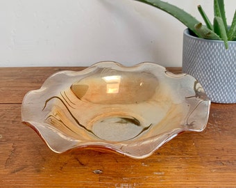 Vintage Iridescent Carnival Glass Bowl – Marigold Etched Flower Trinket Dish