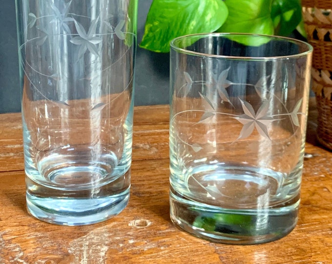 Vintage Etched Glass Tumblers set of 9 Vintage Water Glasses, Vintage Bar, Etched Glassware