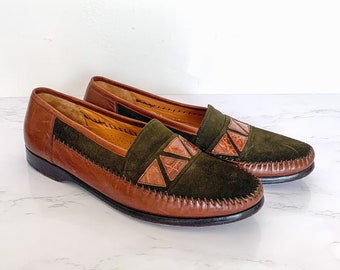 Vintage Mezlan Men's Leather Loafers Size 9 – Crocodile and Suede Shoes, Olive Green Slip Ons