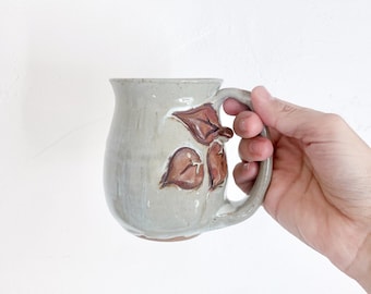 Vintage Studio Pottery Mug with Sculpted Leaves – Handmade Drinkware, Stoneware Mug, Hand Thrown Ceramic Cup