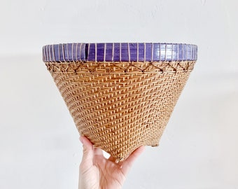 Vintage Wicker Basket With Blue Trim – Woven Planter Basket, Boho Decor, Storage Basket