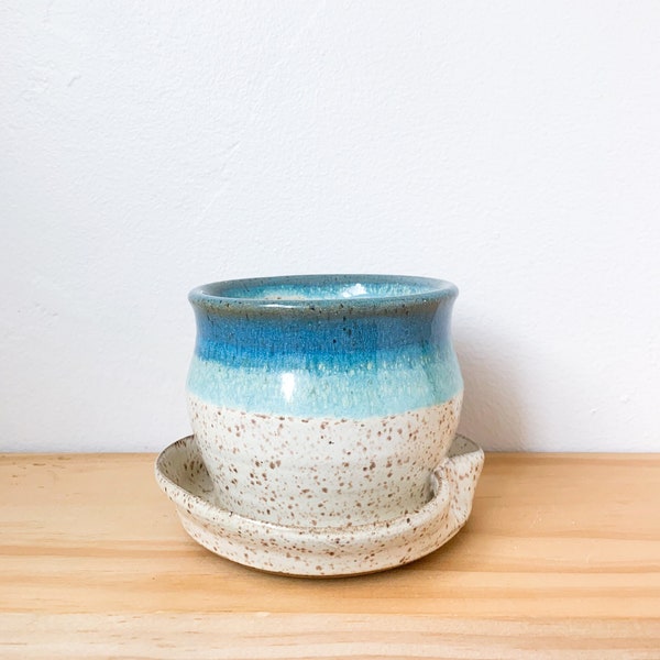 Vintage Speckled Beige Blue Stoneware Planter – Signed Pottery, Ceramic Planter, Drip Glaze Planter