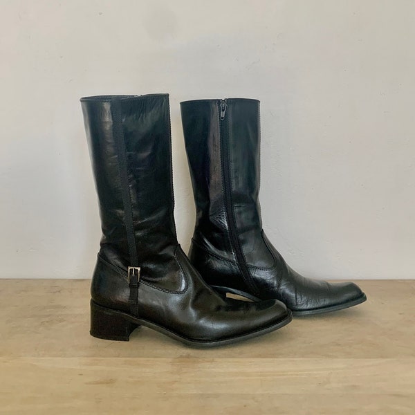 Vintage Black Leather Stuart Weitzman Boots Women's Size 8 – Square Toe Boots, Women's Leather Boots