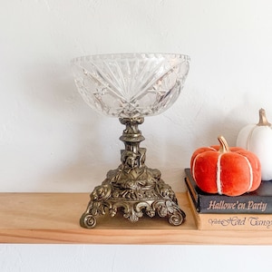 Large Brass Glass Pedestal Candy Dish – Vintage Halloween Decor, Dark Academia, Haunted House Decor, Pedestal Bowl