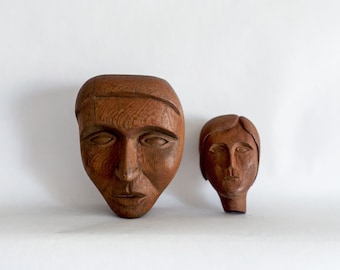 Vintage Carved Wooden Faces –  Primitive Masks, Eclectic Wall Decor