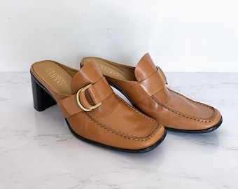 90s Brown Leather Square Toe Loafer Mules Size 10 – Vintage Franco Sarto, Loafer Heels