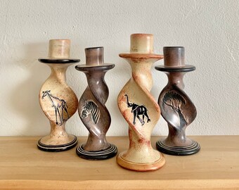 Vintage African Soapstone Candlestick Holders (Set of 4) – Eclectic Decor, Handmade Kenyan Folk Art