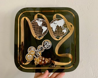 Mid Century Smoked Glass Plate with 24K Gold Overlay – Retro Decor, Vibtage Tray, Man Cave