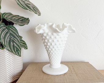 Hobnail Milk Glass Vase with Ruffled Edge – Vintage Milk Glass, Decorative Vase