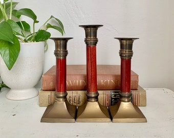 Vintage Brass Wood Candlestick Holders (Set of 3) – Mid-century Candleholders, Solid Brass, Matching Candle Holders