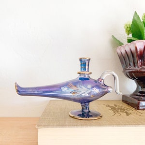 Vintage Blue Egyptian Glass Genie Lamp Perfume Bottle Eclectic Decor, Tiny Vase image 4