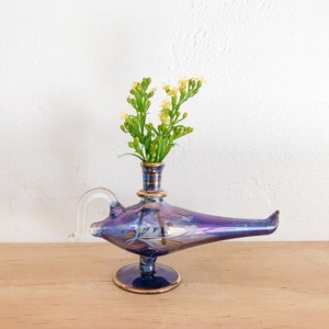 Vintage Blue Egyptian Glass Genie Lamp Perfume Bottle Eclectic Decor, Tiny Vase image 1
