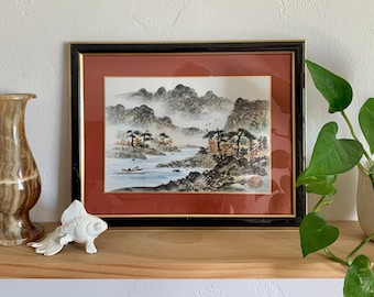 Vintage Framed Japanese Landscape Painting – Japanese Wall Decor, Eclectic Art