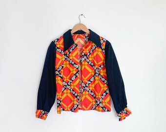 Vintage 1960s 1970s Handmade Floral Jacket – Red and Blue Jacket, Groovy Blouse, Unique Clothing