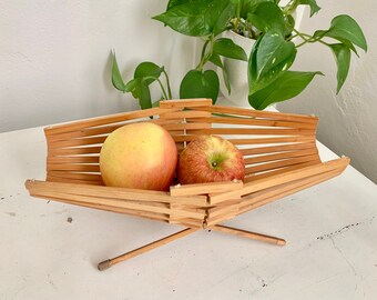 Mid Century Bamboo Folding Basket | Vintage Slatted Basket, Fruit Basket, Decorative Basket