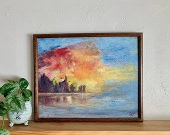 Vintage Framed Sunset Canvas Painting – Signed Painting, Original Painting, Colorful Wall Art