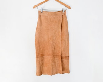 Tan Suede Pencil Skirt Size Small – Leather Wrap Skirt, High Waisted Suede Skirt