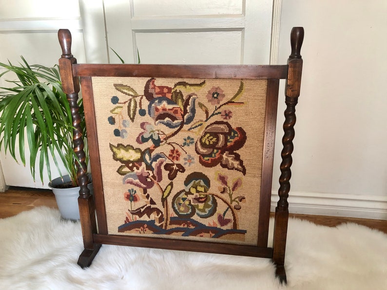 Vintage Needlepoint Tapestry Fireplace Screen Antique Wood Etsy