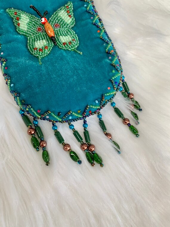 1990s Small Beaded Butterfly Purse – Blue Velvet … - image 4