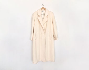 Vintage Women&#39;s Cream Wool Trench Coat Size Large – Long Overcoat, Beau Brem