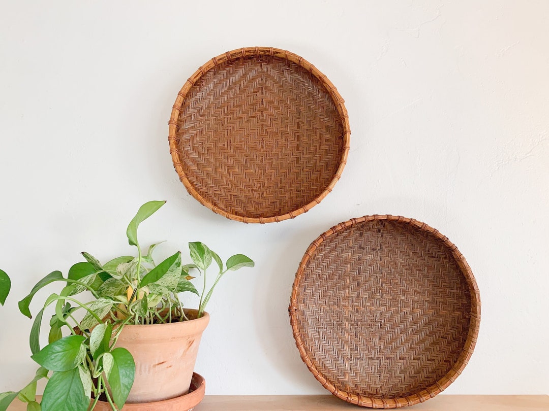 Vintage Wicker Rattan Wall Baskets Woven Serving Trays, Boho Wall Decor