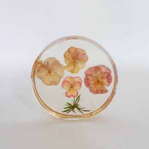 Vintage Resin Pink Flowers Paperweight | Lucite Pressed Flowers Art